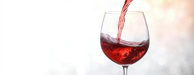 Red wine poured into clear glass, bubbles rising, warm light bokeh background
