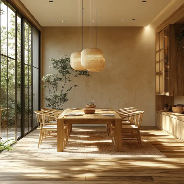 Wooden dining table with chairs in a minimalist room, illuminated by natural light through tall windows.