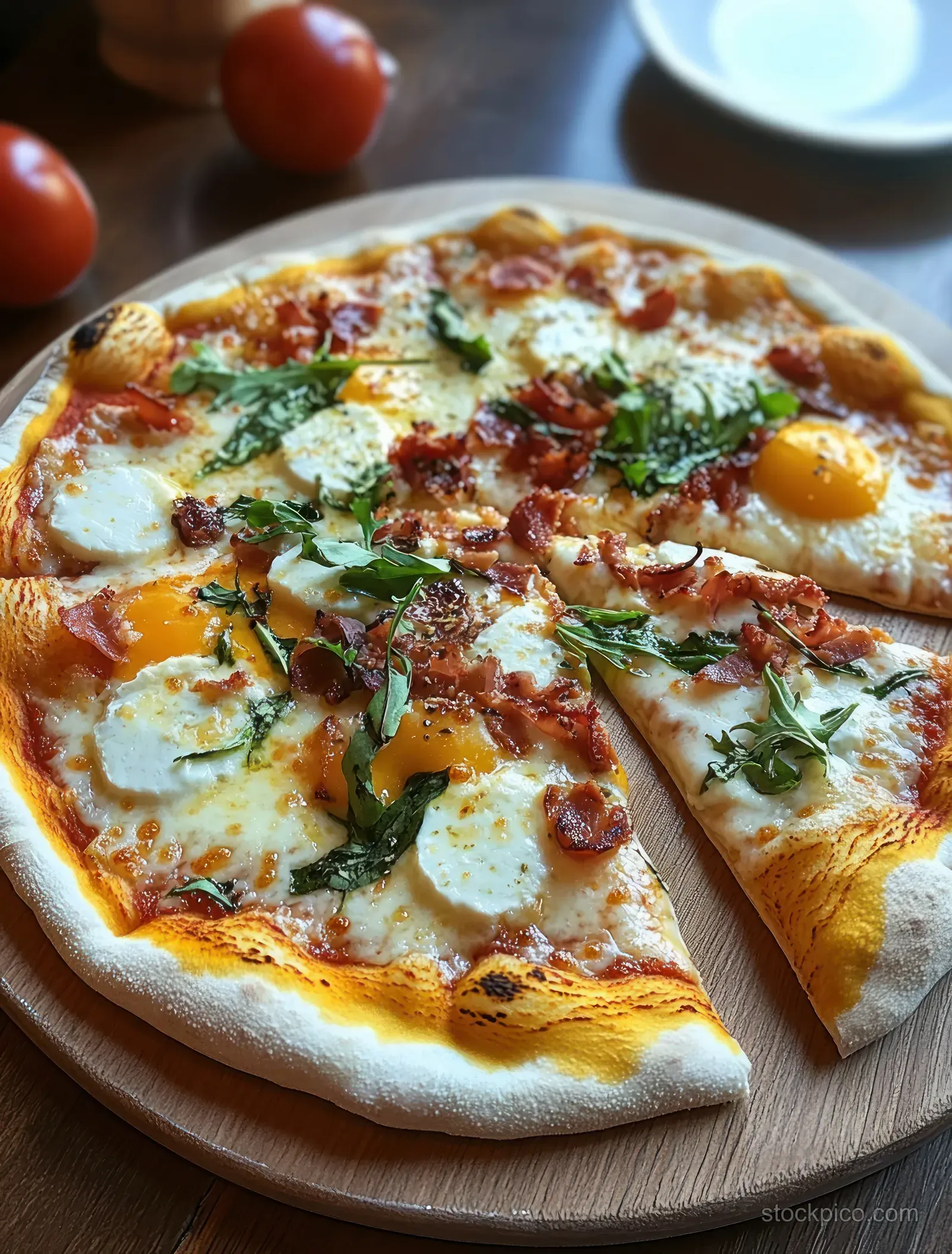 Top view of an Italian pizza on a wooden board with melted cheese, cherry tomatoes, basil, and arugula.