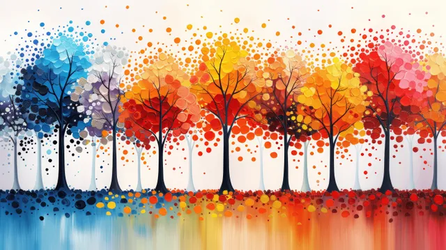 Abstract row of multicolored leaf-dotted trees with bare trunks and a white background.