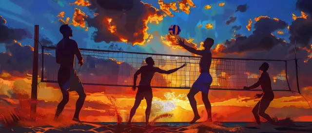 Silhouetted men’s beach volleyball players spike the ball on a sandy court under a dramatic sunset sky.