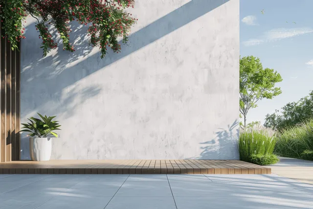 Wood-plank terrace runs along a white concrete wall with potted plants and green garden visible outside.