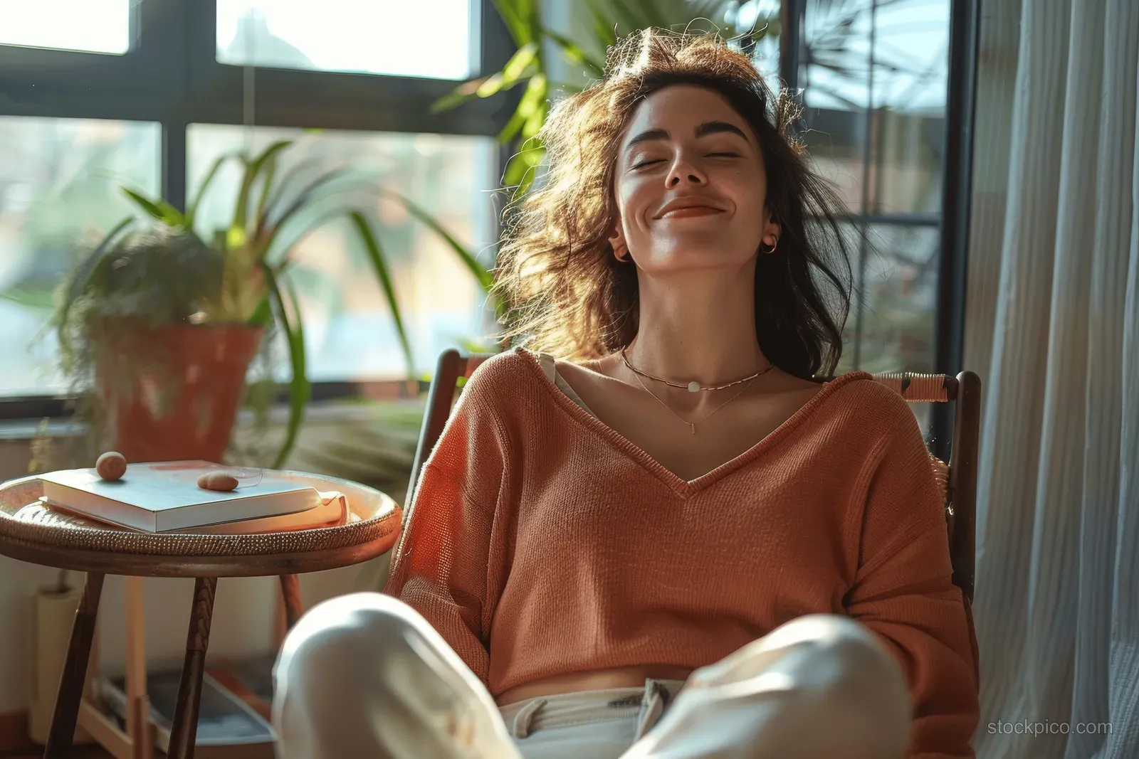 Smiling woman meditates with closed eyes on a chair near a sunlit window in a minimalist living room.