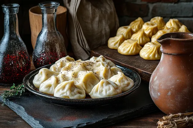 Handmade dumplings on a dark plate, peppered and steaming, with spice bottles nearby in rustic kitchen