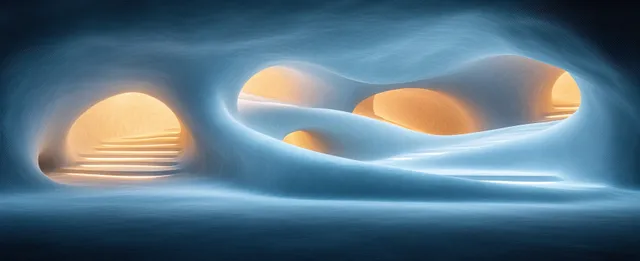 Glowing white wave curves and rounded shapes float across a dark blue gradient background.