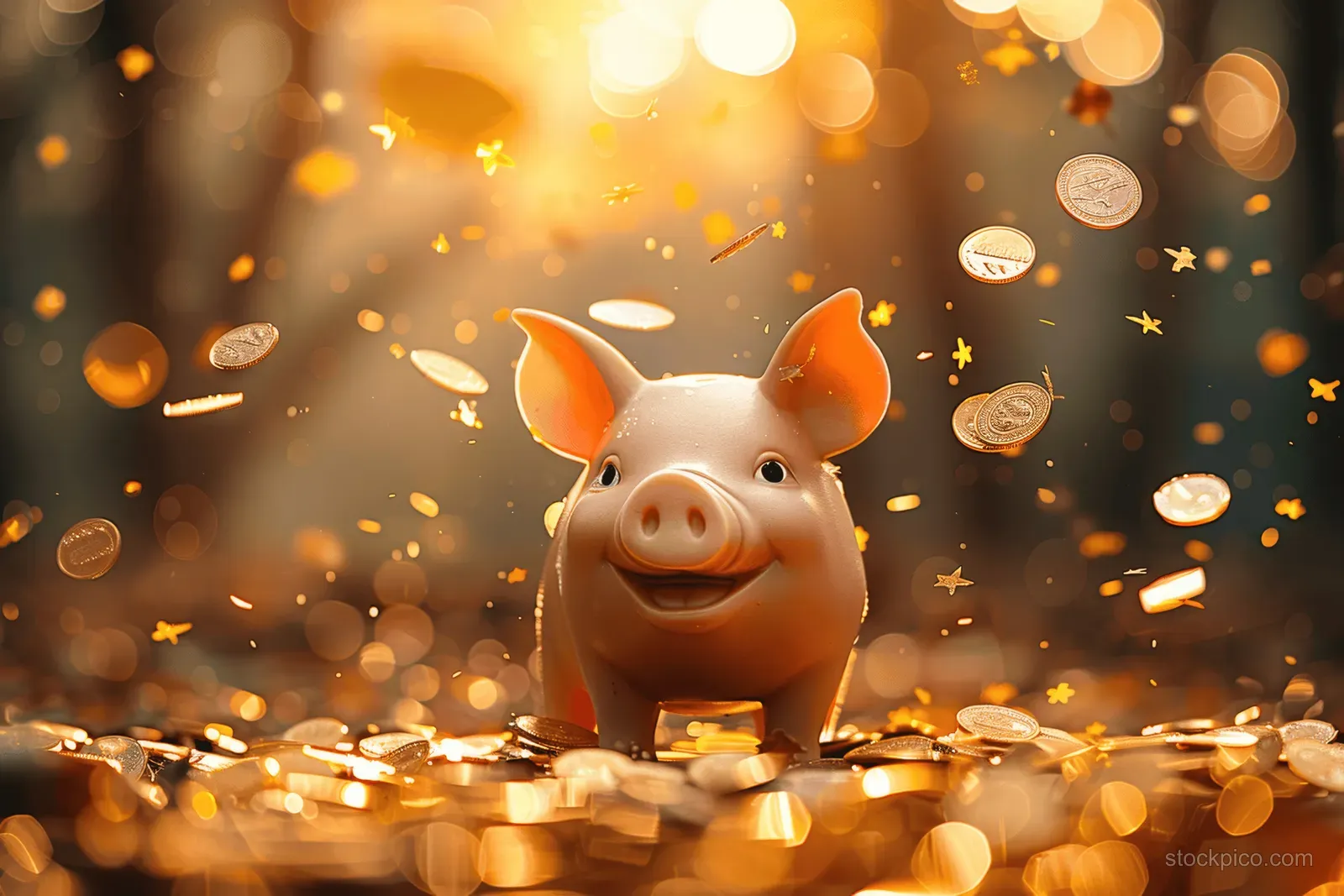 A smiling piggy bank with gold coins falling in a sunlit garden.