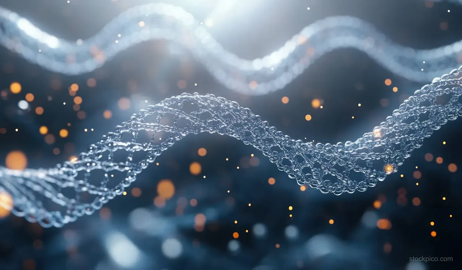 Glowing DNA helix droplets weave through a dark background with sparkling nanobubbles and light specks.