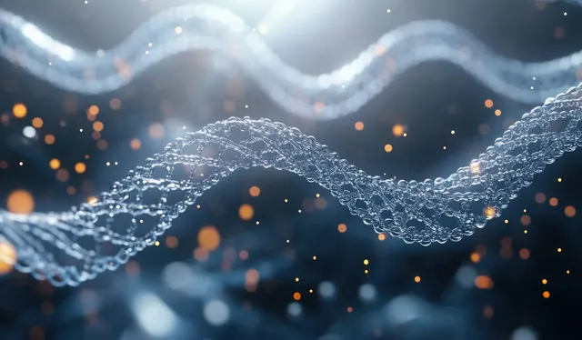 Futuristic DNA helix made of glowing droplets with nanotechnology bubbles in dark lab