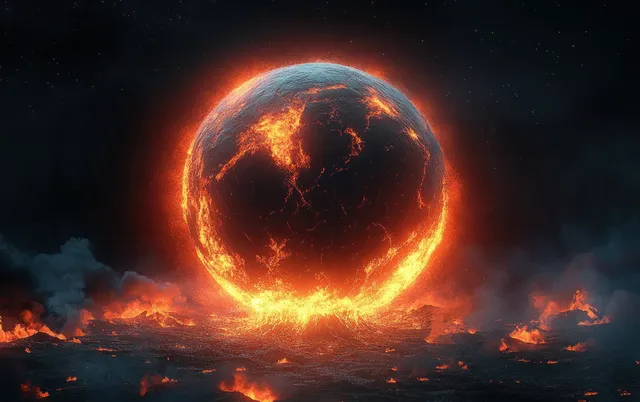 A burning planet with a glowing lava rim erupts as meteors strike and flames and smoke fill the scene.