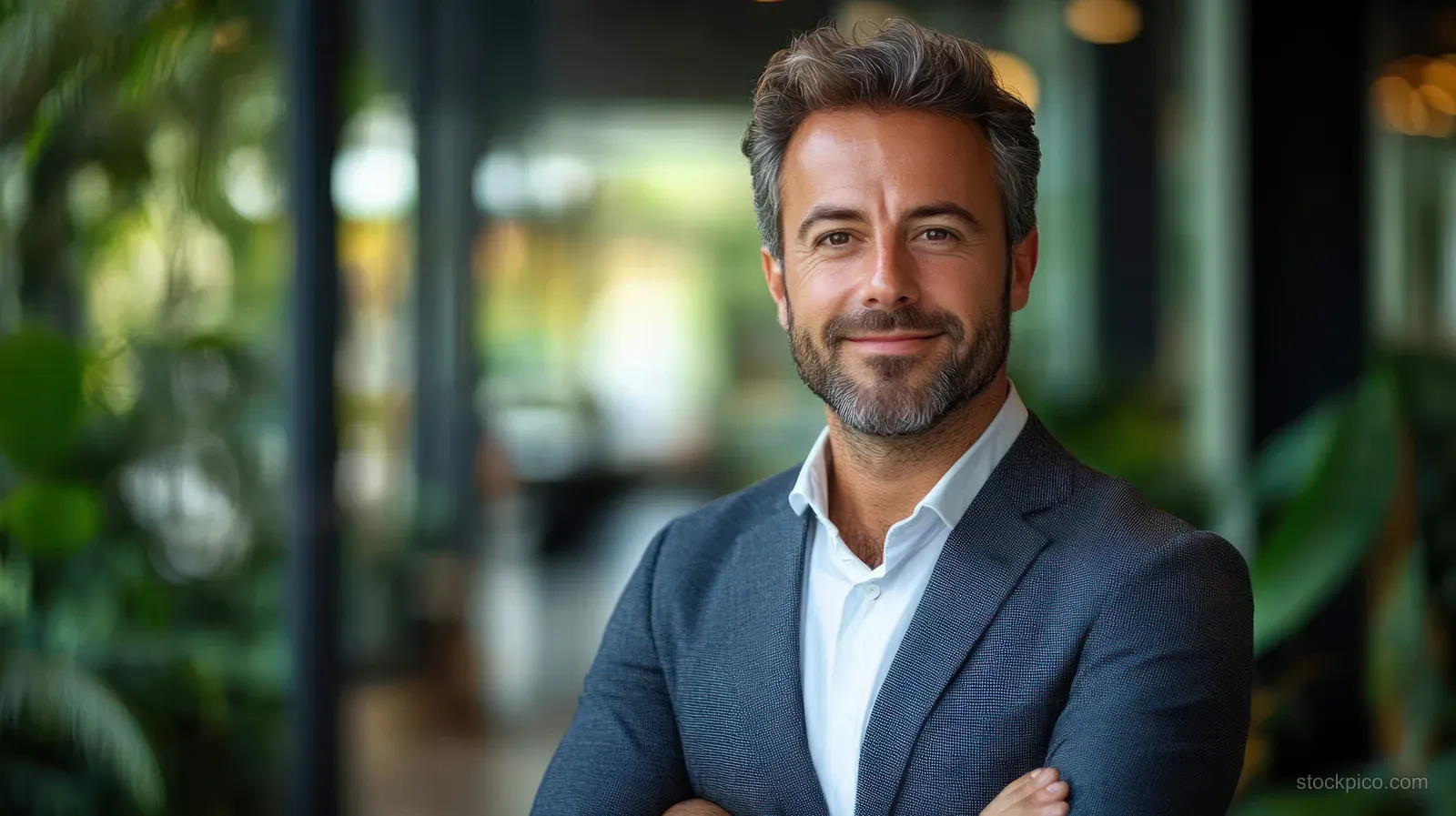 Smiling businessman stands with crossed arms in a modern office.