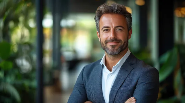 Smiling businessman with crossed arms in sleek office interior