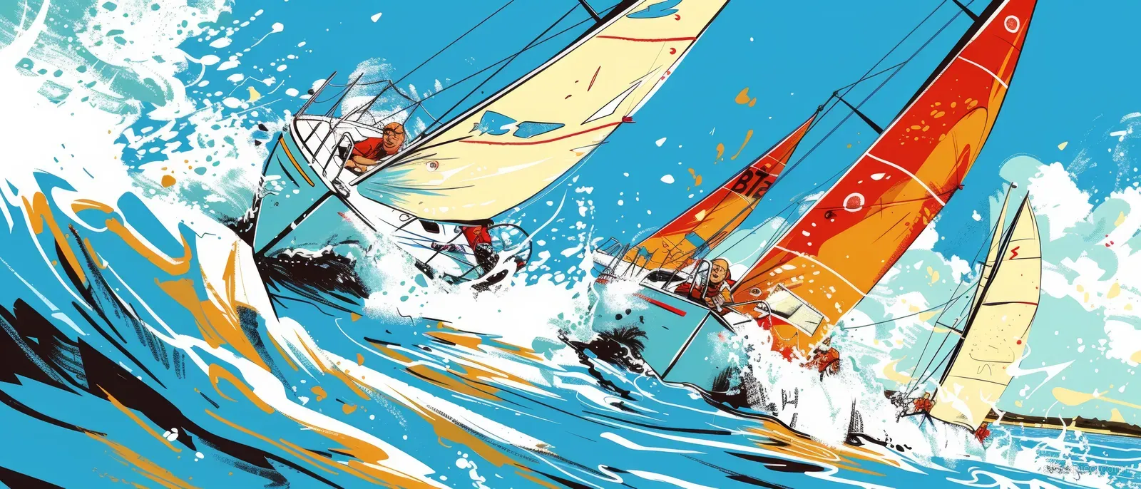 Comic-style Sunfish sailboats sprint across churning waves with colorful sails and water splashes.