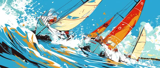 Comic-style Sunfish sailboats sprint across churning waves with colorful sails and water splashes.