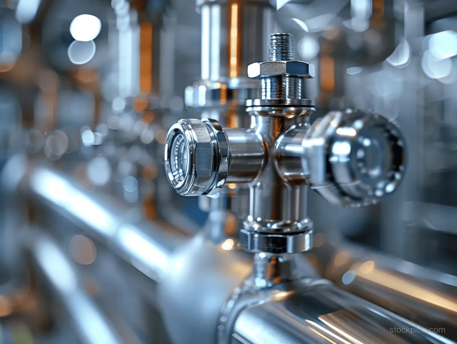 Close-up of a stainless spigot valve with chrome threads and reflective highlights in a blurred medical facility.