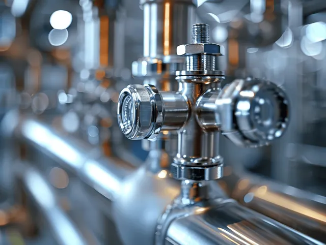 Close-up of a stainless spigot valve with chrome threads and reflective highlights in a blurred medical facility.
