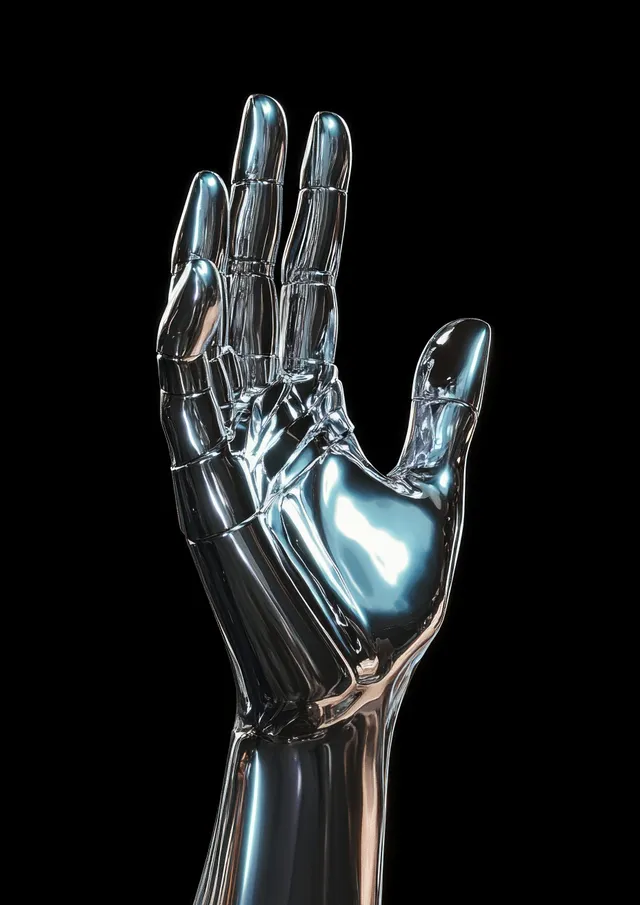 Reflective chrome hand making a number one gesture with mirror highlights on a black background.