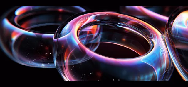 Iridescent 3D glass rings hovering on black background with prismatic light refraction