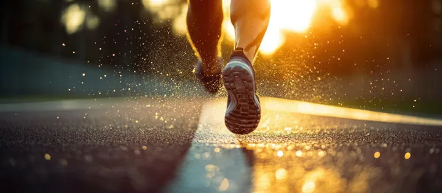 Runner sprinting on track, close-up shoes in motion under dramatic backlight flare
