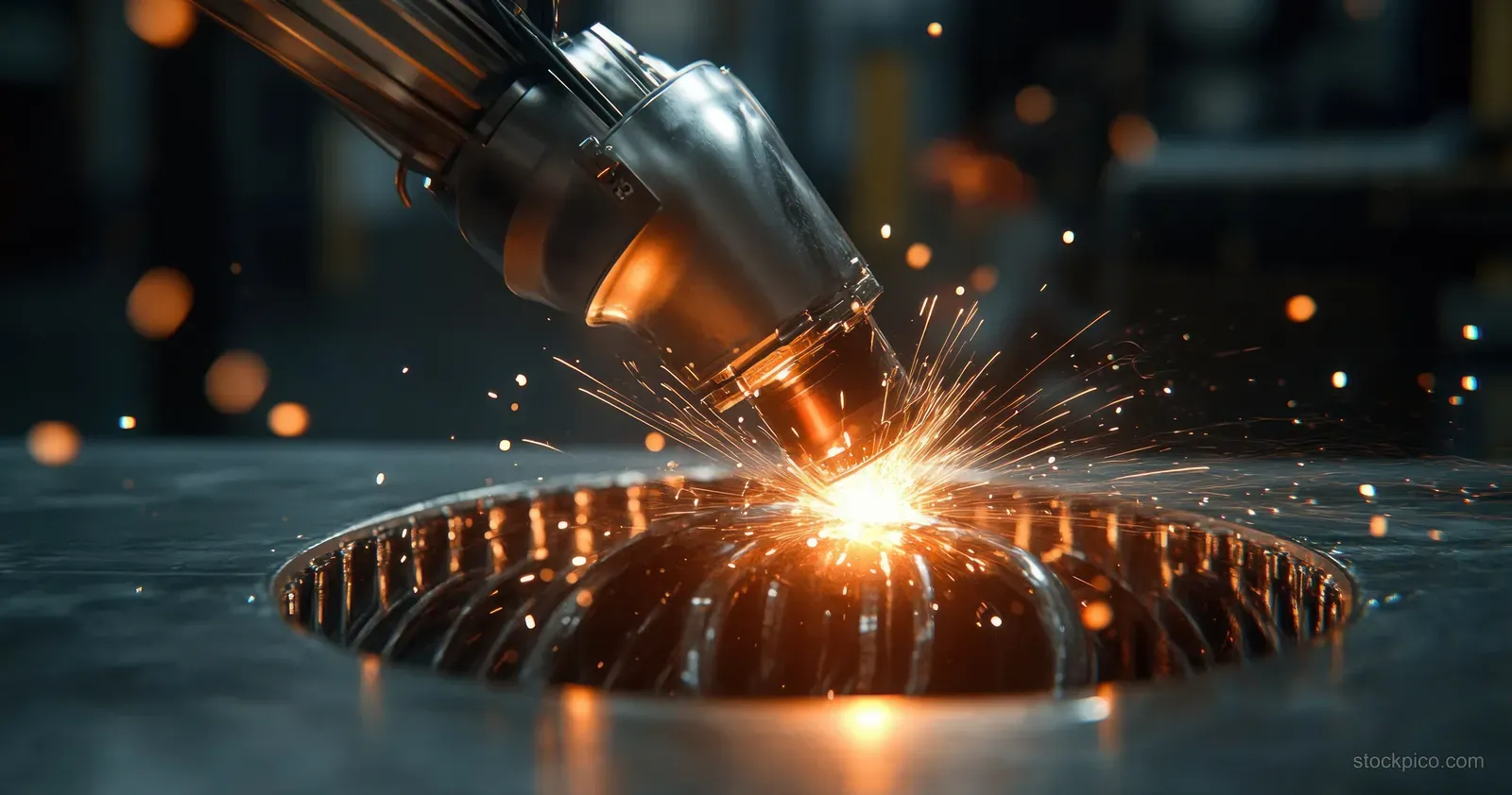 A focused metal-printing laser jets molten material onto a rotating turbine-like ring in a factory chamber.