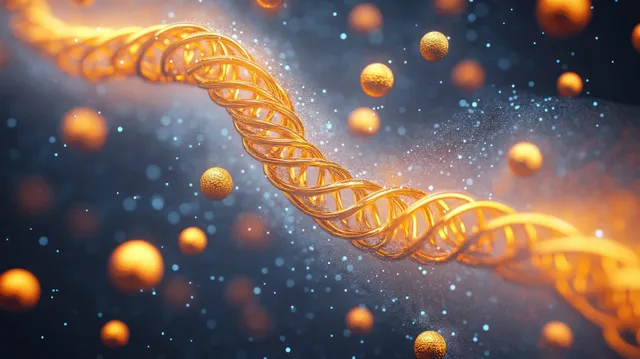 Golden DNA helix twists across a dark background while amber droplets float around it.