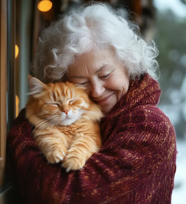 Smiling elderly woman hugging fluffy orange cat indoors