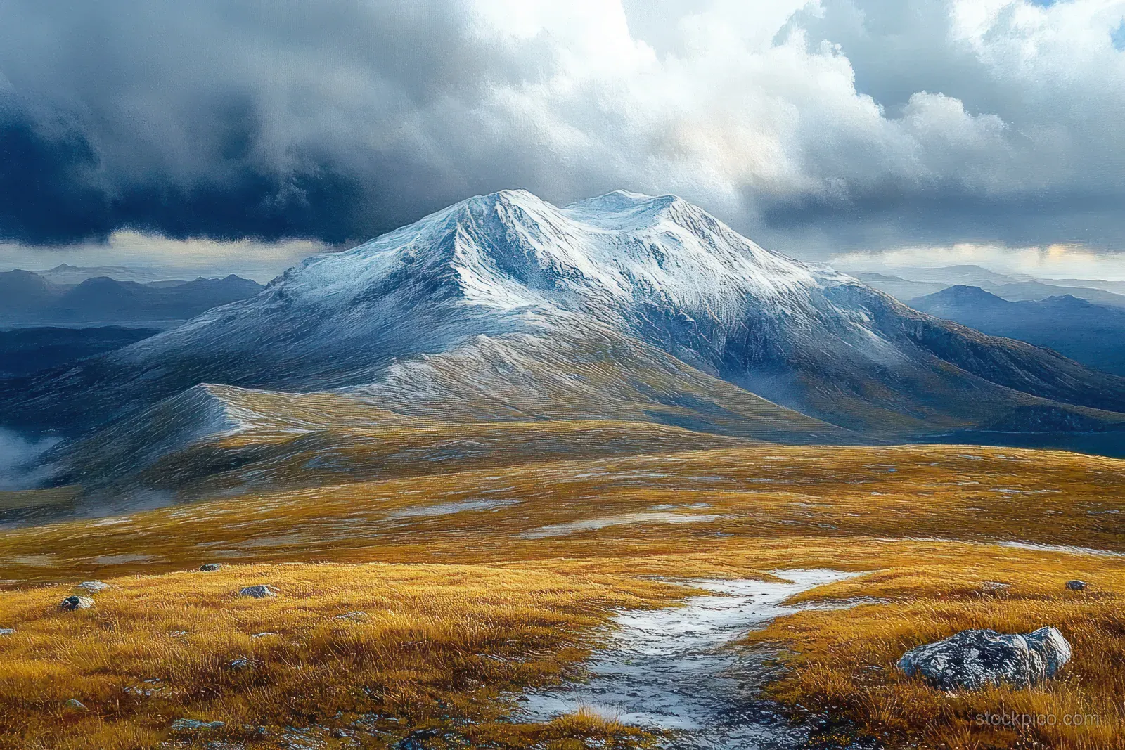 Snow-capped mountain towers over a golden grassy plain with a winding path and scattered rocks under stormy clouds.