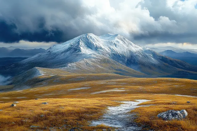 Snow-capped mountain towers over a golden grassy plain with a winding path and scattered rocks under stormy clouds.