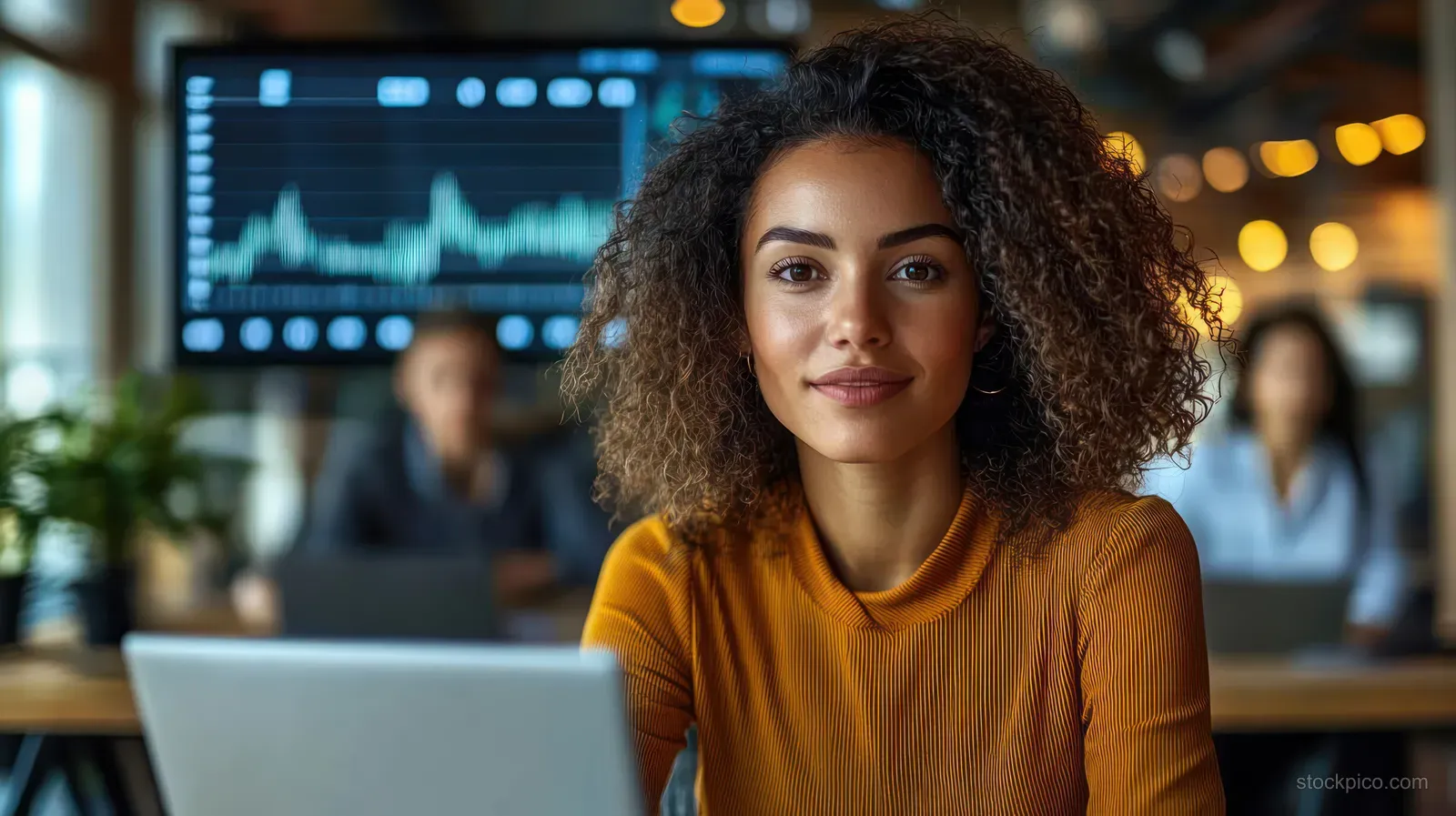 Smiling woman with curly hair in a mustard sweater sits at a desk in a modern office with blurred coworkers and data charts behind her.