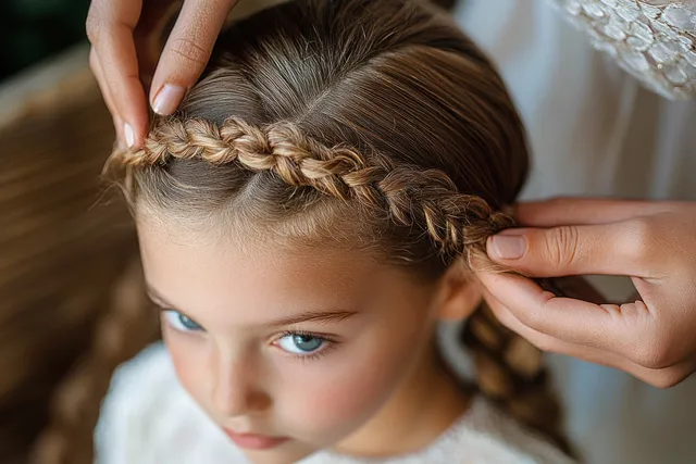 Two hands braid a young girl’s hair while she looks toward the camera with blue eyes.