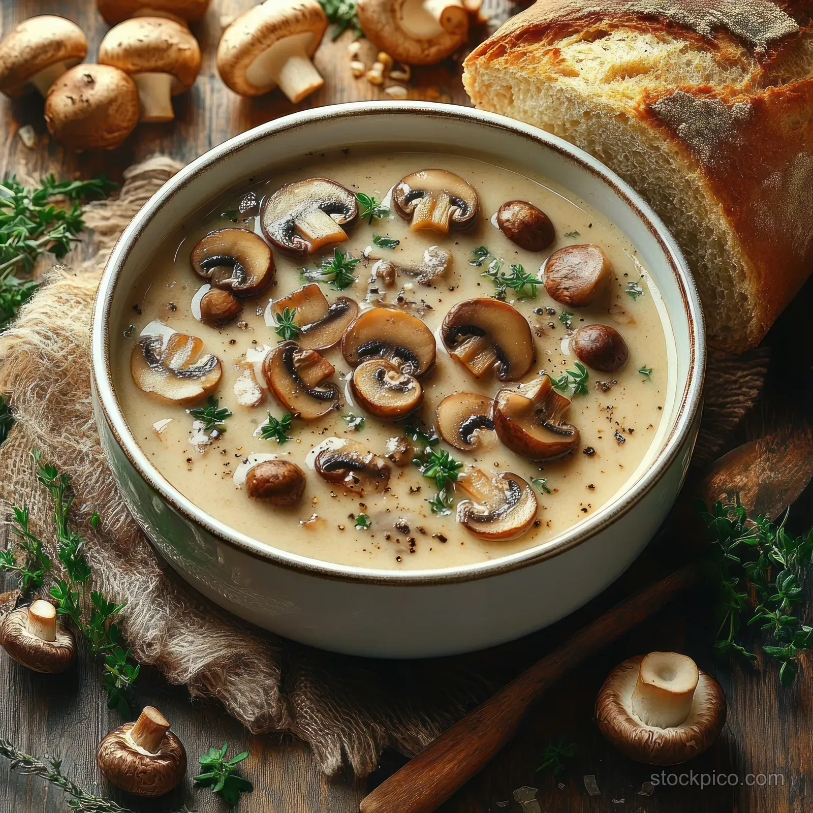 Creamy mushroom soup in a bowl with herbs and black pepper, served with crusty bread and whole mushrooms on a wooden table.