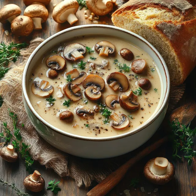 Creamy mushroom soup in a bowl with herbs and black pepper, served with crusty bread and whole mushrooms on a wooden table.