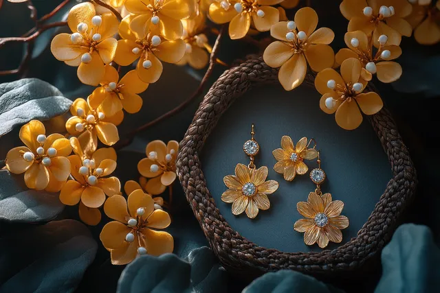 Golden flower earrings lie in a woven cradle among small blossoms on dark folded fabric.