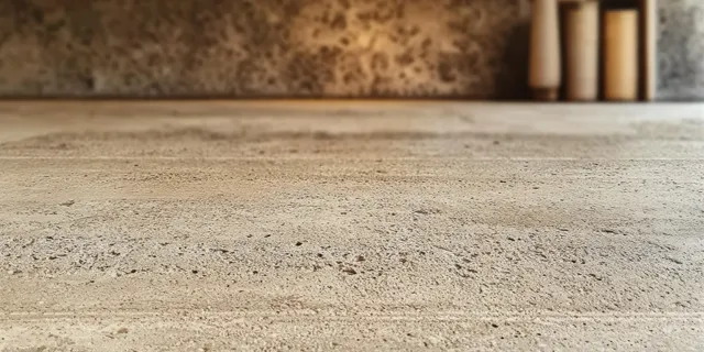Close-up of a rough beige concrete floor with porous texture and a blurred shelving background above.