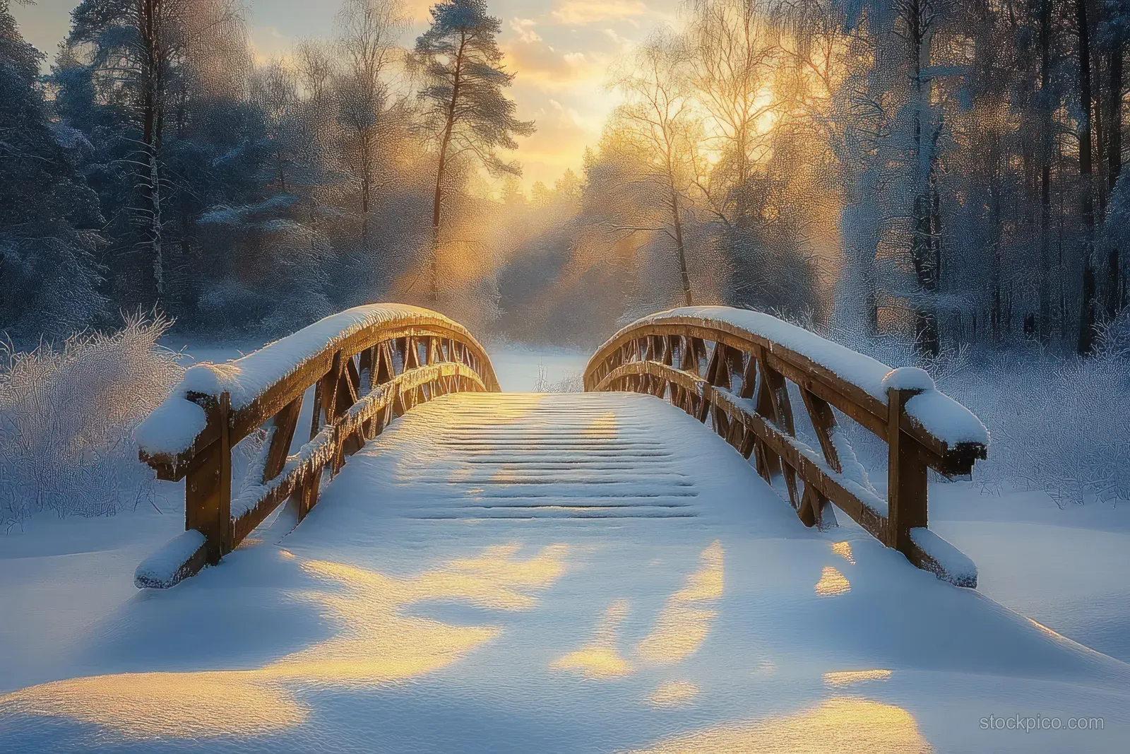 A wooden bridge over a snow-covered path in a frosty forest at sunrise with misty golden light.