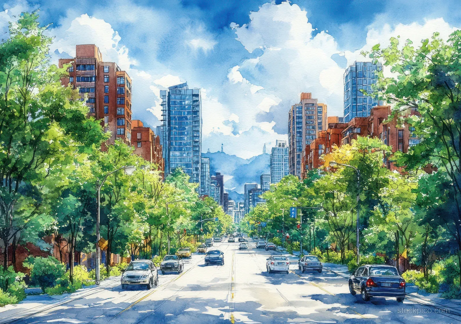 Illustrated sunny city avenue with parked and driving cars, lush green trees, and tall buildings under a blue sky.