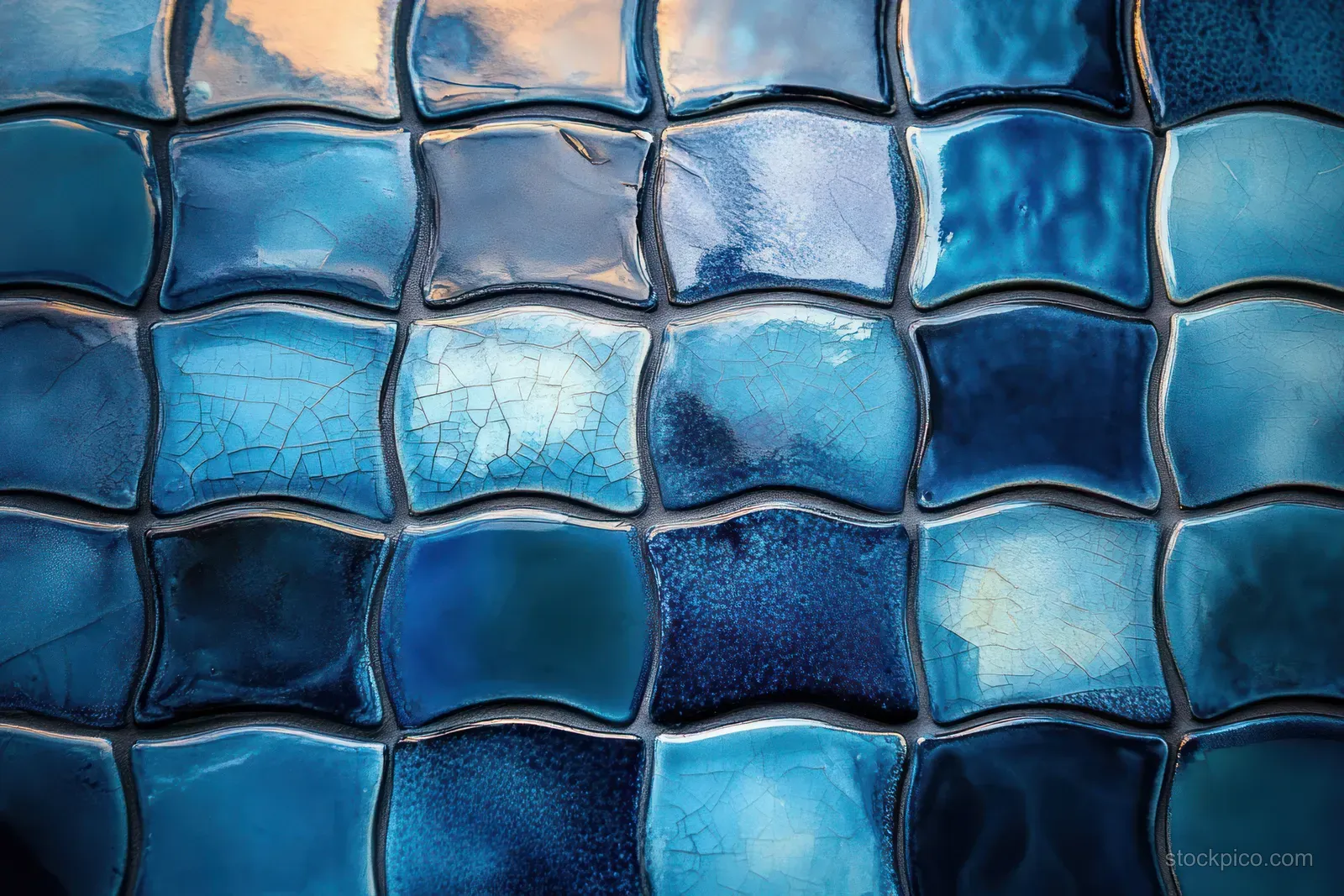 Close-up of blue ceramic mosaic tiles on a wall with glossy reflections and textured grout lines.