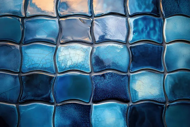 Blue ceramic mosaic tile wall close-up with morning light reflections