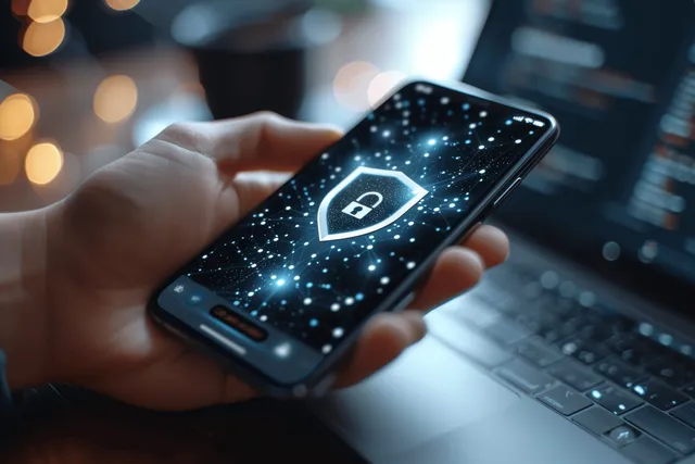Hand Holding Smartphone with Security Lock Icon over Laptop