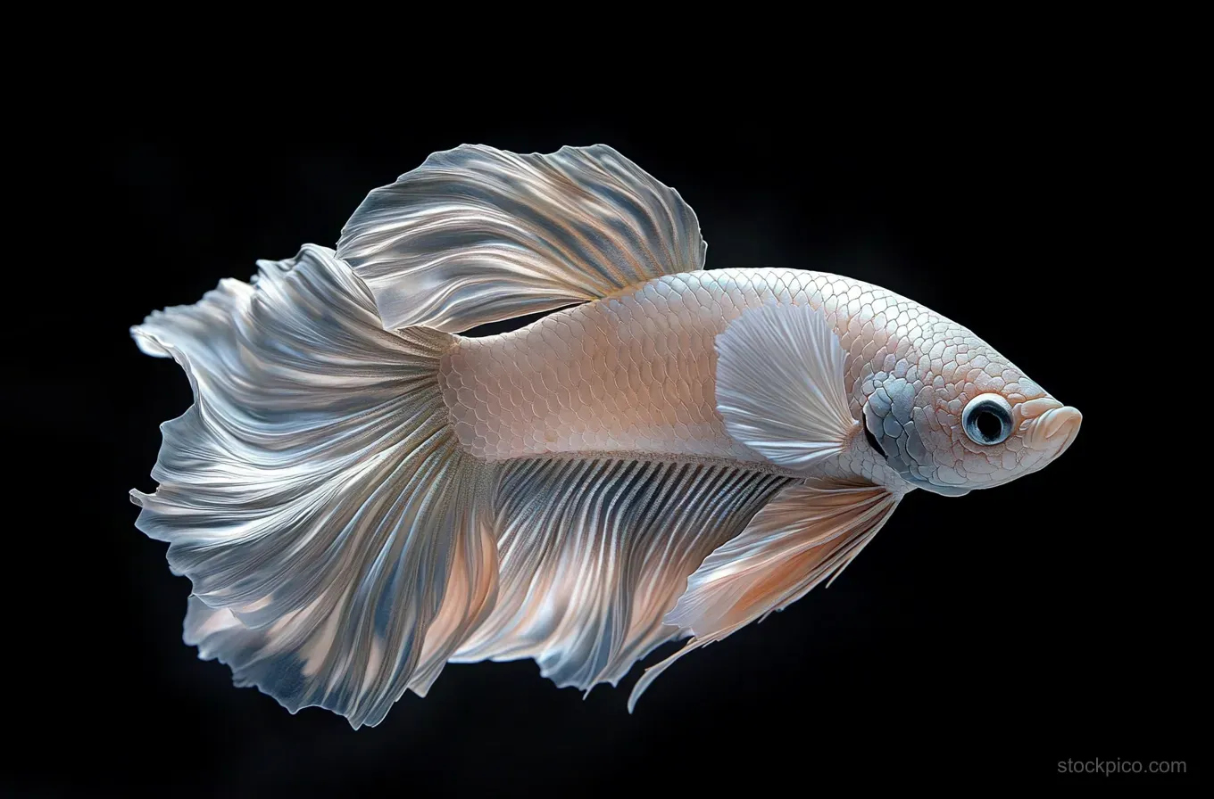 Pale betta fish swimming against a black background with translucent fins and visible shimmering scales.