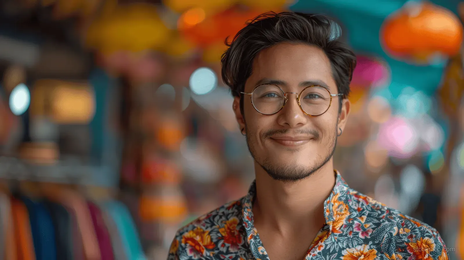 Young man in glasses wearing a floral shirt smiles on a colorful street.