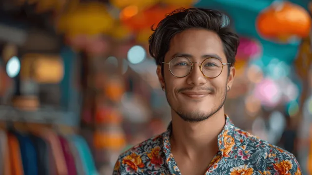 Young man in glasses wearing a floral shirt smiles on a colorful street.
