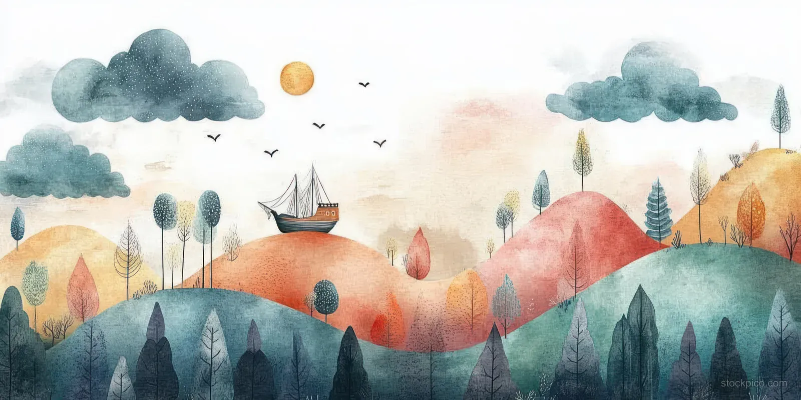 Watercolor hills and trees surround a small pirate ship floating on a calm river under pastel clouds.
