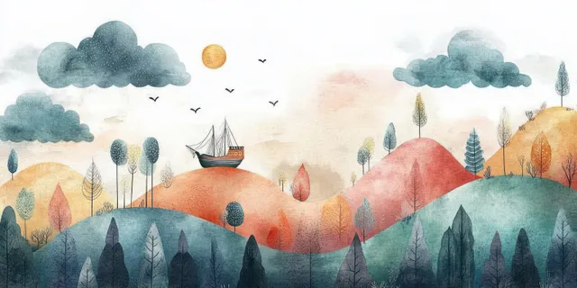 Watercolor hills and trees surround a small pirate ship floating on a calm river under pastel clouds.