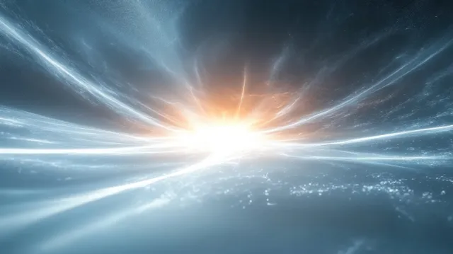 Radiant light beams burst from a bright cosmic center over a deep space horizon.