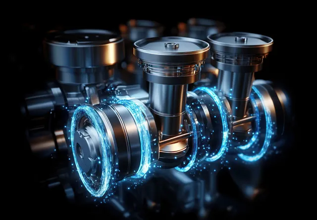 Metallic engine pistons and cylinders with glowing blue energy rings on a dark background.