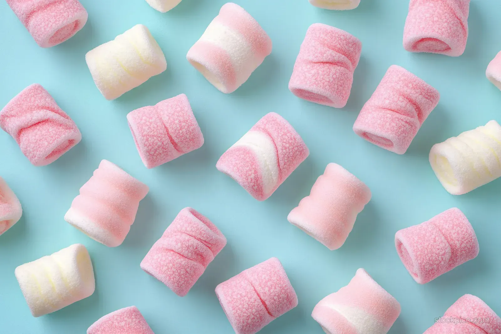 Pink and white marshmallows scattered on a light blue background with soft shadows.