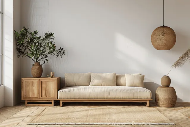 Minimalist living room scene with beige sofa, wooden sideboard, tall plant, soft window light with Blank Wall Space