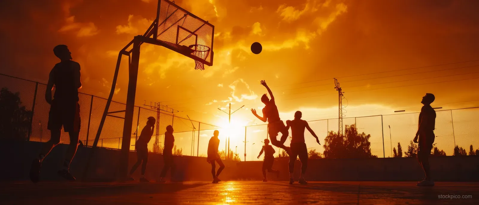 Silhouetted 3x3 basketball players jump to shoot at sunset on an outdoor court with an orange sky.