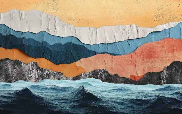 Torn-paper collage seascape with layered blue waves, dark rocks, and a distant mountain under soft shadows.