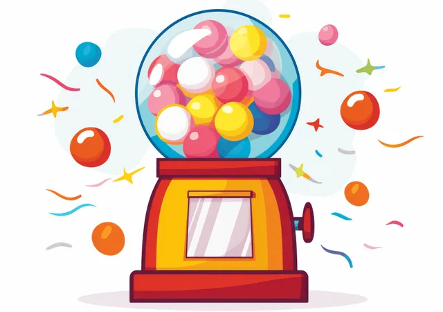 Retro gumball machine illustration with a clear globe overflowing with colorful candy balls on a light background.